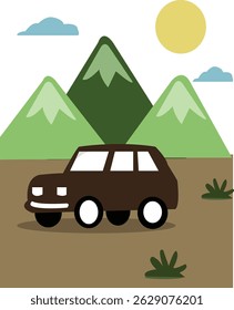 Flat Design Car Road Trip in Mountain Port