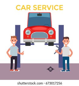 Flat design Car Service. Car on a Lift. Vector illustration