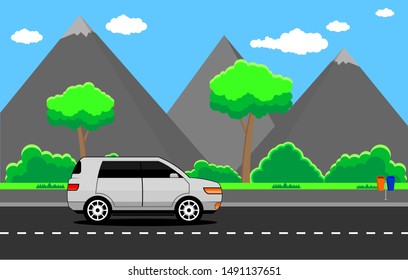 
flat design of a car that is running somewhere beautiful and clean