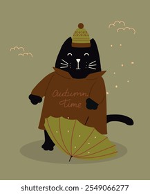 Tarjeta de diseño plano con estilo de otoño en lindo gato negro