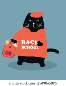 Flat Design Card with Back To School Style at Cute Black Cat