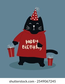  Flat Design Card with Happy Birthday Style at Cute Black Cat