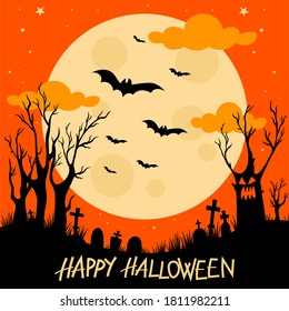 Flat design card or poster for Halloween. Black silhouette of scary trees,  bats and graves  with big moon on the background  