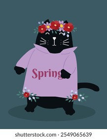 Flat Design Card with Spring Style at Cute Black Cat