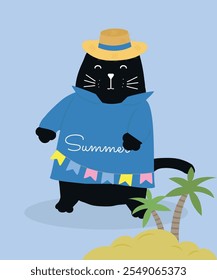  Flat Design Card with Summer Style at Cute Black Cat