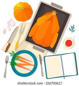 Flat design card for Thanksgiving Day. Typical festive dinner: roast turkey, cranberry sauce, pumpkin, vegetables. It can be used for menus, culinary blog, invitations to dinner.