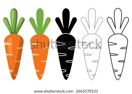 Flat Design Carrot Collection Including Colorful Icon Monochrome Silhouette Line Art and Dotted Outline Isolated on White EPS Vector