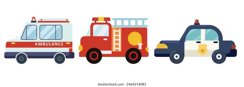 flat design cars ambulance firefighting police isolated white background