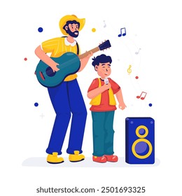 Flat design cartoon character of a boy singer accompanied by a man playing guitar, Vector illustration