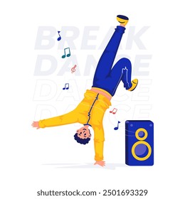 Flat design cartoon character of freestyle pose with legs up and head down, Breakdance pose vector illustration, Music dancer concept