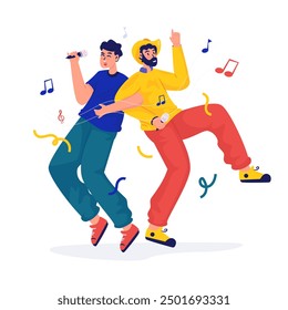 Flat design cartoon character of male duet singing karaoke, Vector illustration