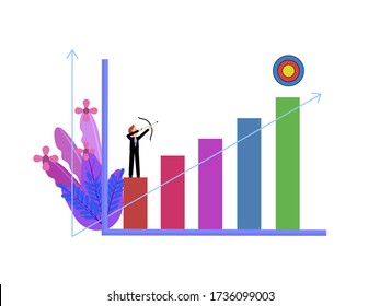Flat design cartoon character man standing on graph point archer arrow to bullseye, target goal successful business, achievement success aim and progress, setting goals in life or career