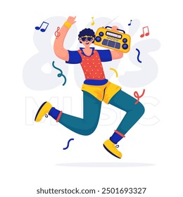 Flat design cartoon character of a man with 80s retro style listening to music on radio, Vector illustration