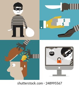 Flat design of cartoon character set, concept in thief, hacker, robber, burglar, and computer spam.