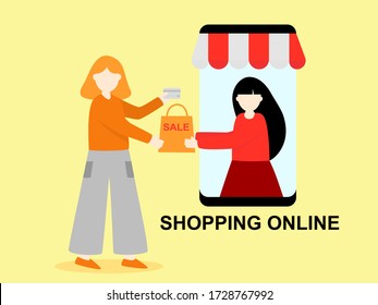 Flat design cartoon character two women shopping online store, technology online shopping in mobile phone app network, Digital marketing Concept, purchase on smartphone payment internet service