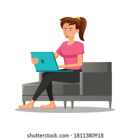 flat design of cartoon character of woman using laptop,vector illustration