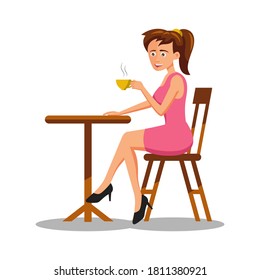 flat design of cartoon character of woman drinking coffee,vector illustration