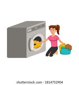 flat design of cartoon character of woman wash clothes,vector illustration