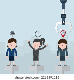 Flat design of cartoon charactor concept, Three women with differrence characters waiting for choose by the robotic arms,cartoon concept - vector illustration