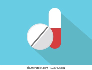 A flat design, cartoon of a circular pill and a capsule pill, drug
