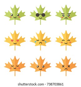 Flat design cartoon cute autumn maple leaves character with different facial expressions, emotions. Set, collection of emoji isolated on white background.