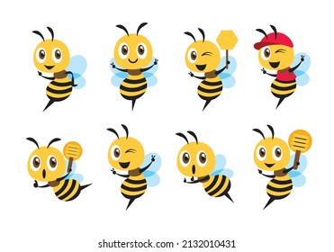 Flat design cartoon cute bee mascot set with different poses. Cartoon cute bee showing victory sign, holding a honey dipper and wearing cap. Flat vector illustration