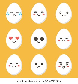 Flat design cartoon cute chicken egg character with different facial expressions, emotions. Set, collection of emoji isolated on white background.