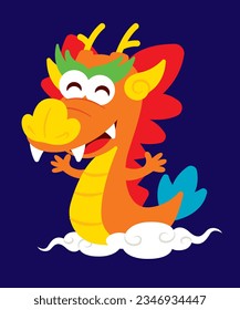 Flat design cartoon cute chinese dragon riding on oriental clouds. Year of the Dragon zodiac 2024. Vector chinese new year character zodiac