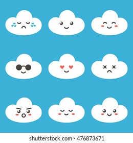 Flat Design Cartoon Cute Cloud Character With Different Facial Expressions, Emotions. Set, Collection Of Emoji On Blue Background.