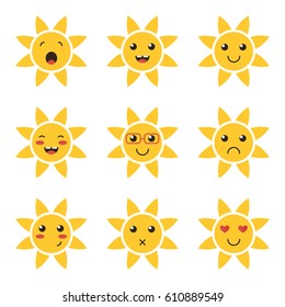 Flat design cartoon cute sun character with different facial expressions, emotions. Set, collection of emoji isolated on white background.