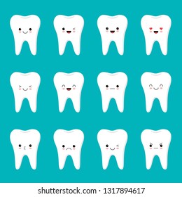 Flat design cartoon cute tooth character with different facial expressions, emotions. Kawaii style