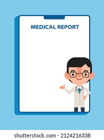 Flat design cartoon doctor in tablet presenting on emtpy space medical report. Vector illustration