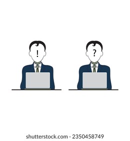 flat design cartoon of a faceless man working in front of laptop, confused, deadline, employee, freelancer. minimal black flat vector illustration isolated on white background