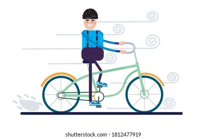 Diseño plano Caricatura Guy Ciclismo con velocidad de aire con fondo blanco y diseño de estilo de aire