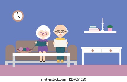 Flat design cartoon illustration of grandfather and grandmother sitting on sofa, reading newspaper and knitting sweater. With a purple wall with clock and a candleholder in the background. - vector
