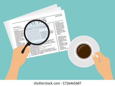 Flat design cartoon illustration of hands with newspaper and cup of coffee. Reads news with a magnifying glass - vector