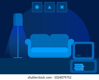 Flat design cartoon illustration of interior of a house at night