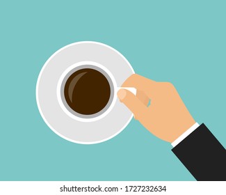 Flat design cartoon illustration of man manager hand holding coffee cup with saucer - vector