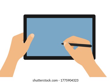 Flat design cartoon illustration of man or woman hands holding tablet with blank blue screen. Stylus signature on touch screen - vector