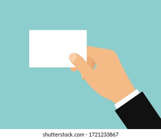 Flat design cartoon illustration of manager hand holding blank business card. Isolated on white background - vector