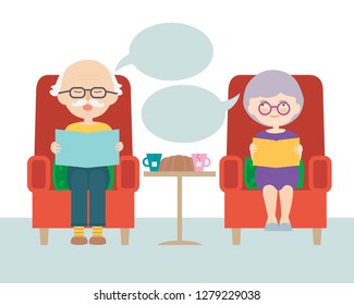 Flat design cartoon illustration of sitting grandfather and grandmother or old man and woman with thought or speech bubble - vector