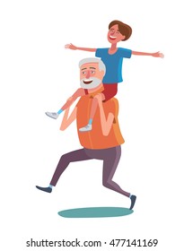 Flat design cartoon illustration in vector. Concept of happy old people. Grandpa and his grandson on white background. Active elder grandparents