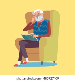 Flat design cartoon illustration in vector. Concept of pensioner life. Old people cartoon character. Grandfather seating and reading newspaper. For print, advertising, social work