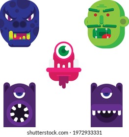 Flat design cartoon monster faces. vector illustration set of creature faces.