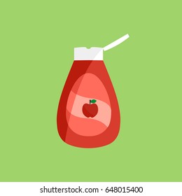flat design cartoon new opened apple syrup bottle vector or syrup drip & label isolated for banner. simple dessert sweet & tasty opened fruit for pancake.