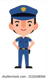 Flat design cartoon policeman with his hands on waist. Vector character illustration