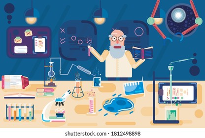 A Flat Design Cartoon Research laboratory Vector With Different laboratory Equipment And Books And Machines with a Cartoon Scientist Performing Different Experiments and Tasks.