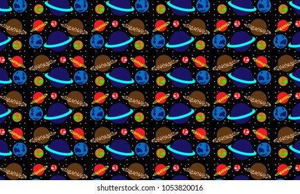 Flat Design With Cartoon Solar System Planets Background. Planets Pattern Background. Templates For Placards, Banners, Presentations, Reports, Card And Wallpaper. Vector Illustration. Eps 10