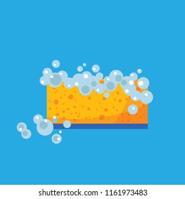 Flat design of cartoon sponge with foam. Template of cleaning supplies. Isolated vector illustration.