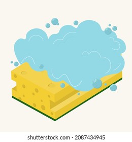 Flat design of cartoon sponge with foam. Household chores tool. Vector skincare, housework, kitchen cleaning sponge.